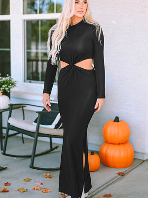 CUTOUT ROUND NECK LONG SLEEVE SLIT MAXI DRESS - Evolve Elegance Boutique