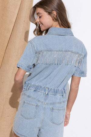 WASHED DENIM OVERALL ROMPER - Evolve Elegance Boutique