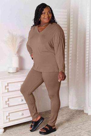 BASIC BAE FULL SIZE V-NECK SOFT RAYON LONG SLEEVE TOP AND PANTS LOUNGE SET - Evolve Elegance Boutique