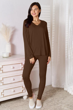 BASIC BAE FULL SIZE V-NECK SOFT RAYON LONG SLEEVE TOP AND PANTS LOUNGE SET - Evolve Elegance Boutique