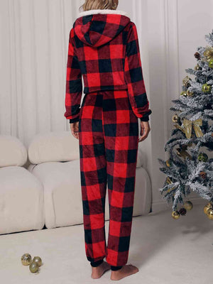 PLAID ZIP FRONT LONG SLEEVE HOODED LOUNGE JUMPSUIT - Evolve Elegance Boutique