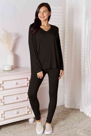 BASIC BAE FULL SIZE V-NECK SOFT RAYON LONG SLEEVE TOP AND PANTS LOUNGE SET - Evolve Elegance Boutique