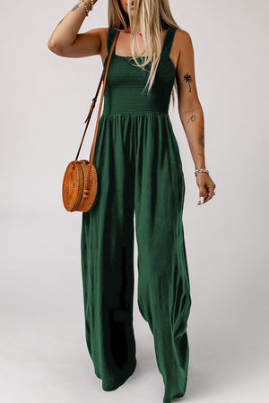 SMOCKED SQUARE NECK WIDE LEG JUMPSUIT WITH POCKETS - Evolve Elegance Boutique