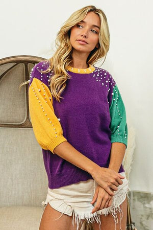 BIBI COLOR BLOCK PEARL DETAIL ROUND NECK SWEATER - Evolve Elegance Boutique