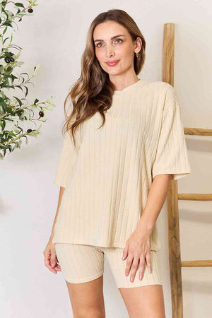 BASIC BAE RIBBED ROUND NECK TOP AND SHORTS LOUNGE SET - Evolve Elegance Boutique