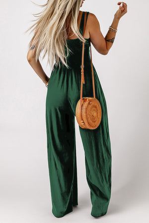 SMOCKED SQUARE NECK WIDE LEG JUMPSUIT WITH POCKETS - Evolve Elegance Boutique
