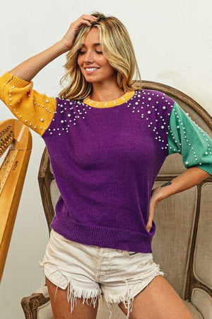 BIBI COLOR BLOCK PEARL DETAIL ROUND NECK SWEATER - Evolve Elegance Boutique