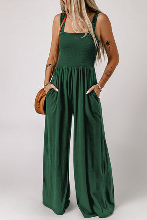 SMOCKED SQUARE NECK WIDE LEG JUMPSUIT WITH POCKETS - Evolve Elegance Boutique