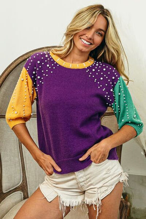 BIBI COLOR BLOCK PEARL DETAIL ROUND NECK SWEATER - Evolve Elegance Boutique