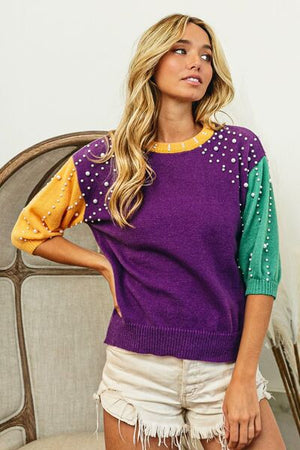 BIBI COLOR BLOCK PEARL DETAIL ROUND NECK SWEATER - Evolve Elegance Boutique