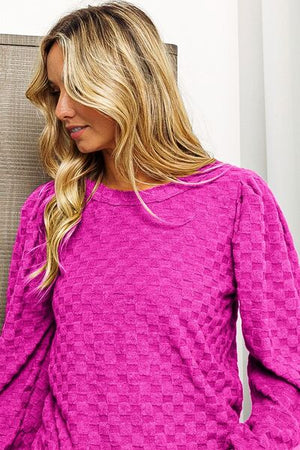 BIBI ROUND NECK BRUSHED CHECKER TOP - Evolve Elegance Boutique