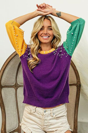 BIBI COLOR BLOCK PEARL DETAIL ROUND NECK SWEATER - Evolve Elegance Boutique