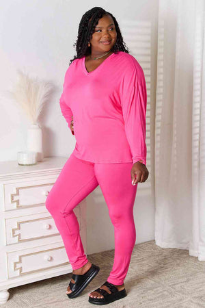 BASIC BAE FULL SIZE V-NECK SOFT RAYON LONG SLEEVE TOP AND PANTS LOUNGE SET - Evolve Elegance Boutique