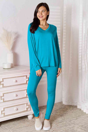 BASIC BAE FULL SIZE V-NECK SOFT RAYON LONG SLEEVE TOP AND PANTS LOUNGE SET - Evolve Elegance Boutique