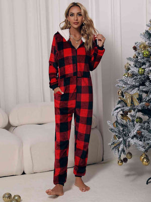 PLAID ZIP FRONT LONG SLEEVE HOODED LOUNGE JUMPSUIT - Evolve Elegance Boutique