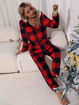 PLAID ZIP FRONT LONG SLEEVE HOODED LOUNGE JUMPSUIT - Evolve Elegance Boutique