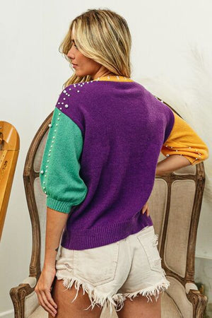 BIBI COLOR BLOCK PEARL DETAIL ROUND NECK SWEATER - Evolve Elegance Boutique
