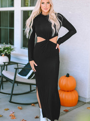 CUTOUT ROUND NECK LONG SLEEVE SLIT MAXI DRESS - Evolve Elegance Boutique