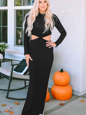 CUTOUT ROUND NECK LONG SLEEVE SLIT MAXI DRESS - Evolve Elegance Boutique
