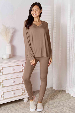 BASIC BAE FULL SIZE V-NECK SOFT RAYON LONG SLEEVE TOP AND PANTS LOUNGE SET - Evolve Elegance Boutique