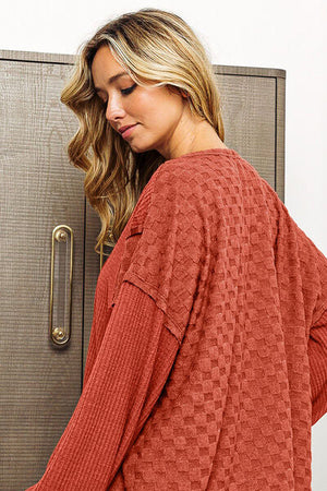 BIBI CHECKERED SPLICED LONG SLEEVE TOP - Evolve Elegance Boutique