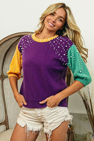 BIBI COLOR BLOCK PEARL DETAIL ROUND NECK SWEATER - Evolve Elegance Boutique
