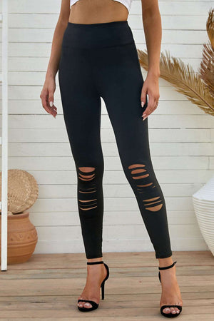 DOUBLE TAKE WIDE WAISTBAND DISTRESSED SLIM FIT LEGGINGS