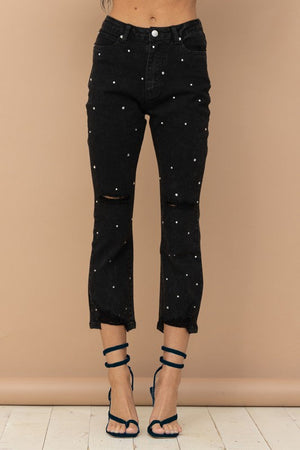 STUDDED RHINESTONE DISTRESSED DENIM JEANS - Style Boutiqe