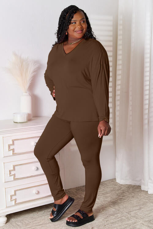 BASIC BAE FULL SIZE V-NECK SOFT RAYON LONG SLEEVE TOP AND PANTS LOUNGE SET - Evolve Elegance Boutique