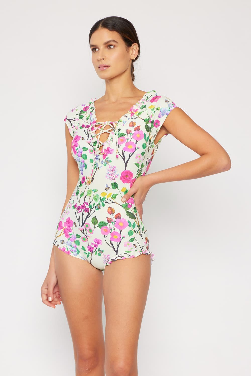 MARINA WEST SWIM BRING ME FLOWERS V-NECK ONE PIECE SWIMSUIT CHERRY BLOSSOM CREAM - Evolve Elegance Boutique