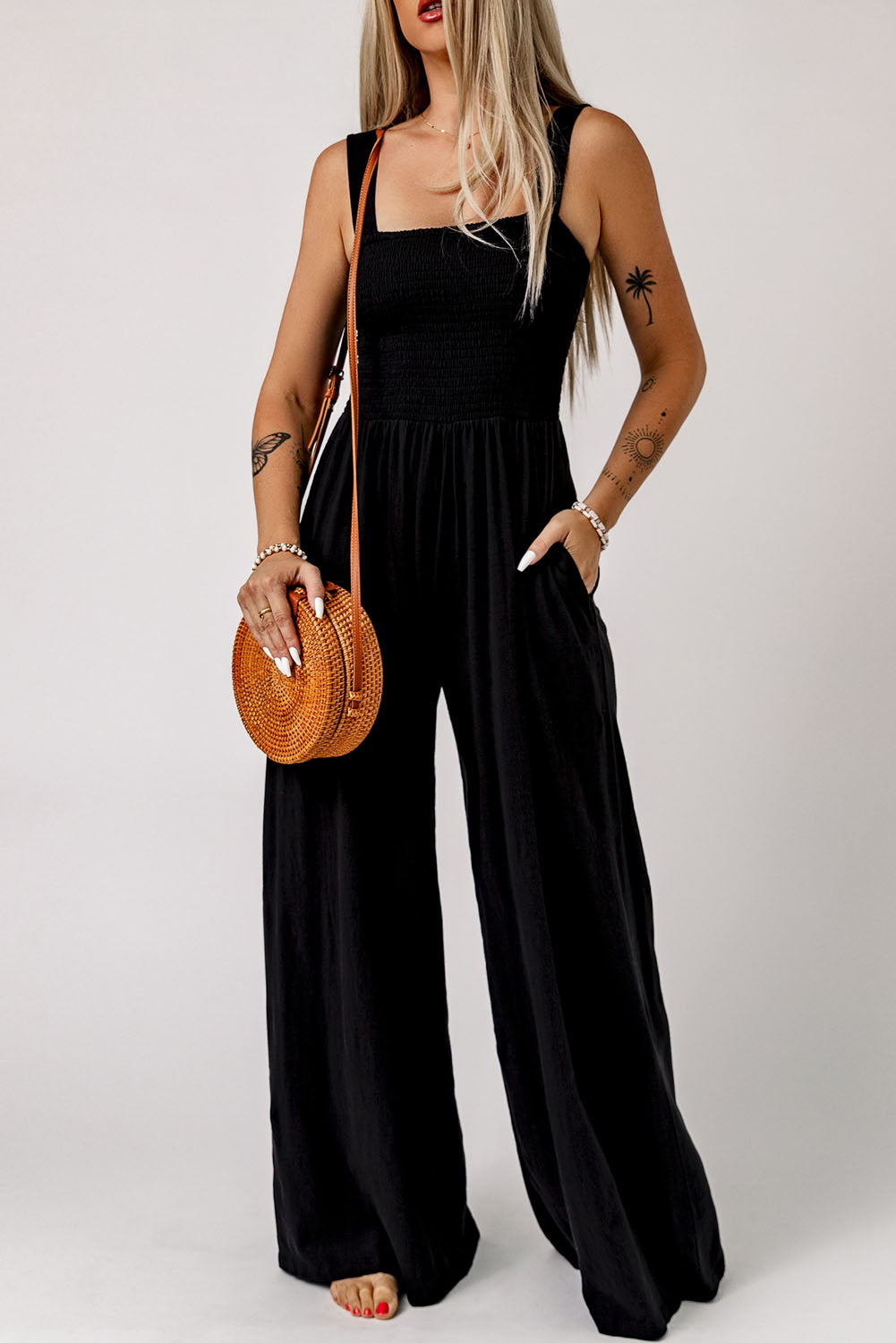 SMOCKED SQUARE NECK WIDE LEG JUMPSUIT WITH POCKETS - Evolve Elegance Boutique