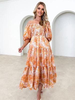 PRINTED SMOCKED OFF-SHOULDER TIERED DRESS - Evolve Elegance Boutique