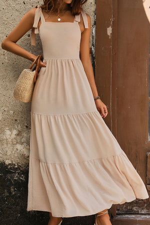 TIE SHOULDER SMOCKED TIERED DRESS - Evolve Elegance Boutique