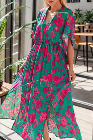 SLIT PRINTED V-NECK SHORT SLEEVE DRESS - Evolve Elegance Boutique