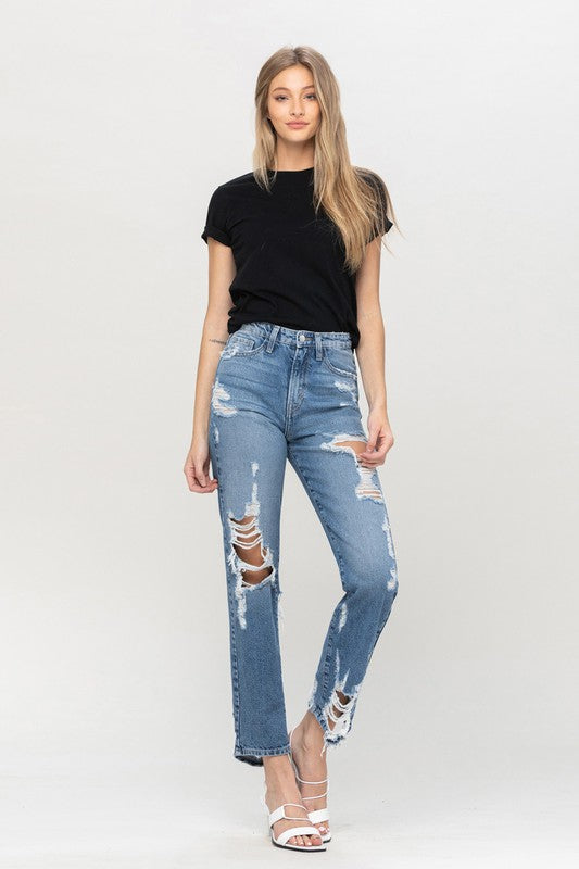 SUPER HIGH RISE TATTERED ANKLE STRAIGHT - Evolve Elegance Boutique