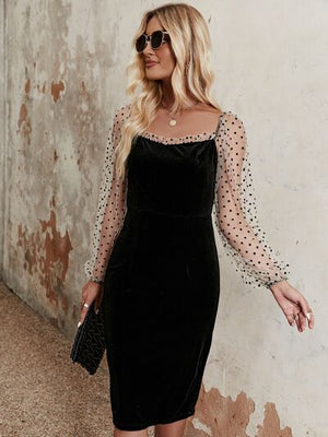 POLKA DOT MESH LONG SLEEVE RUFFLE TRIM DRESS - Evolve Elegance Boutique