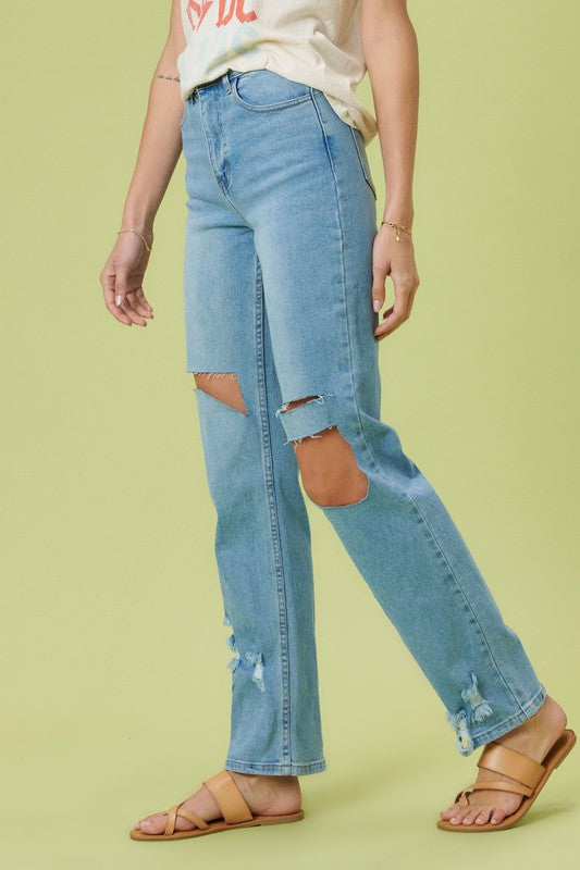 HIGH RISE DISTRESSED WIDE LEG JEANS - Evolve Elegance Boutique
