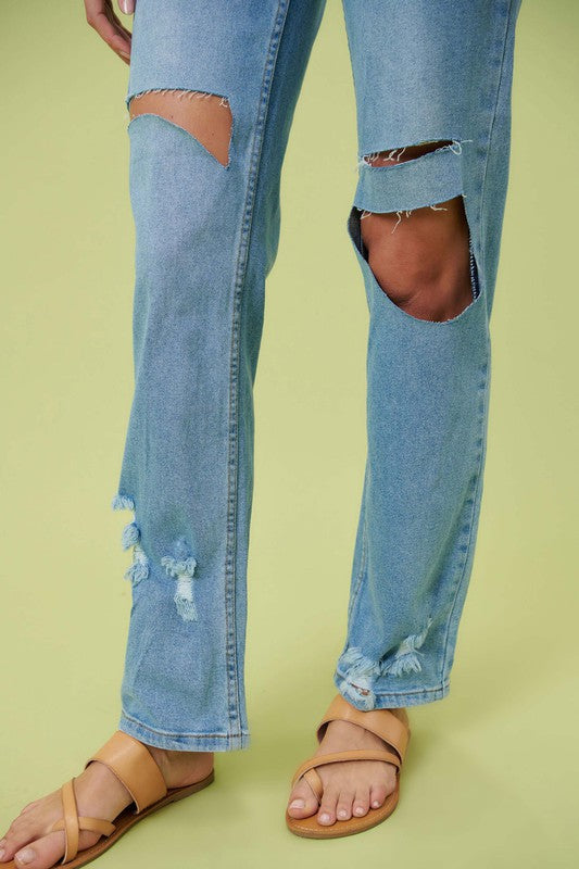 HIGH RISE DISTRESSED WIDE LEG JEANS - Evolve Elegance Boutique