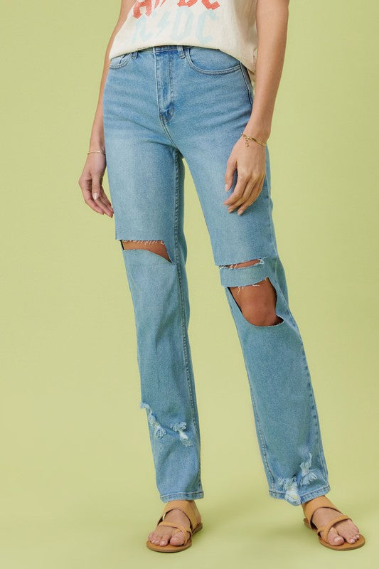 HIGH RISE DISTRESSED WIDE LEG JEANS - Evolve Elegance Boutique