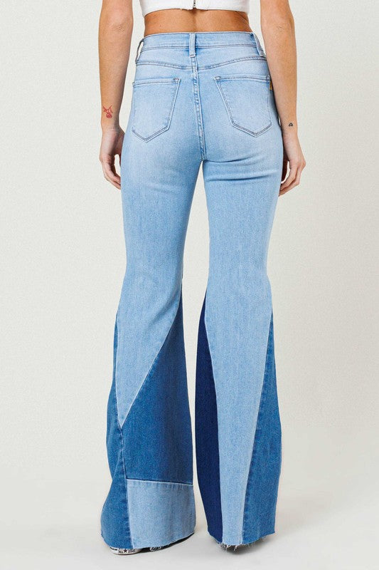 COLOR BLOCK SIDE SLIT FLARE JEANS - Evolve Elegance Boutique