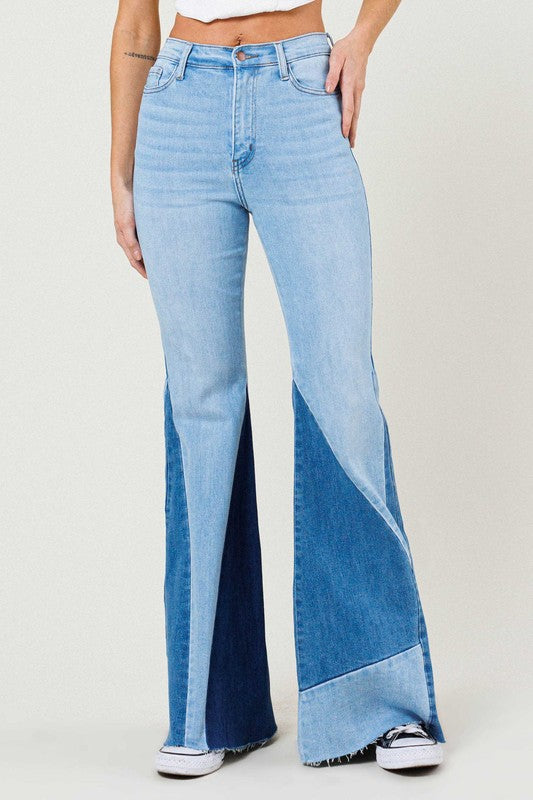 COLOR BLOCK SIDE SLIT FLARE JEANS - Evolve Elegance Boutique