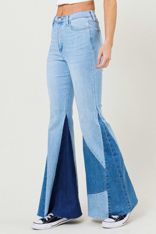 COLOR BLOCK SIDE SLIT FLARE JEANS - Evolve Elegance Boutique