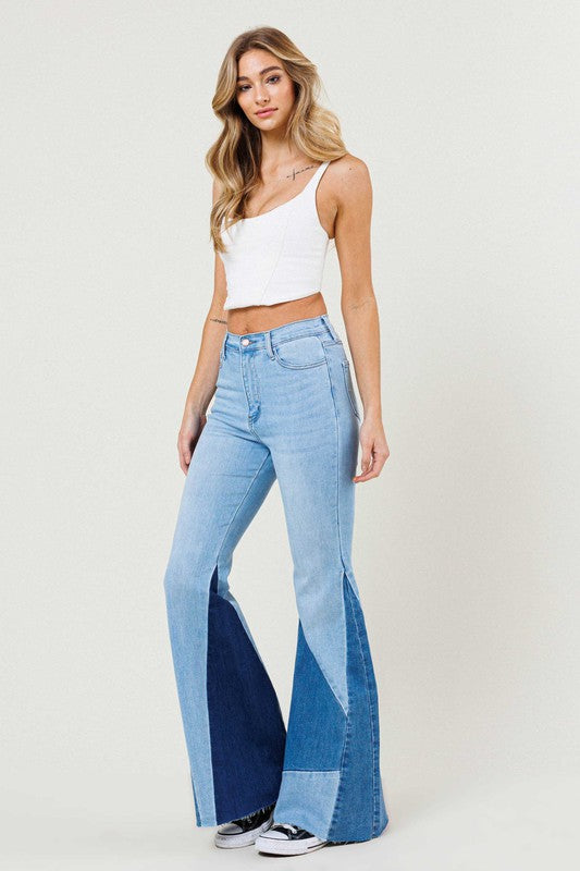 COLOR BLOCK SIDE SLIT FLARE JEANS - Evolve Elegance Boutique