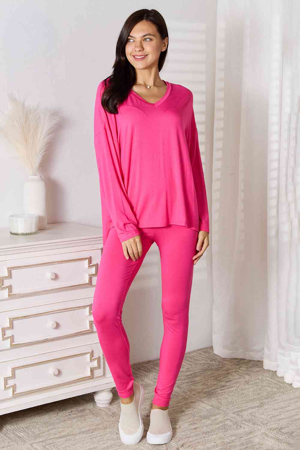 BASIC BAE FULL SIZE V-NECK SOFT RAYON LONG SLEEVE TOP AND PANTS LOUNGE SET - Evolve Elegance Boutique