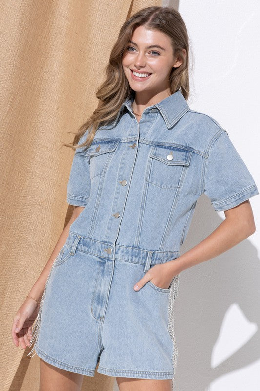 WASHED DENIM OVERALL ROMPER - Evolve Elegance Boutique