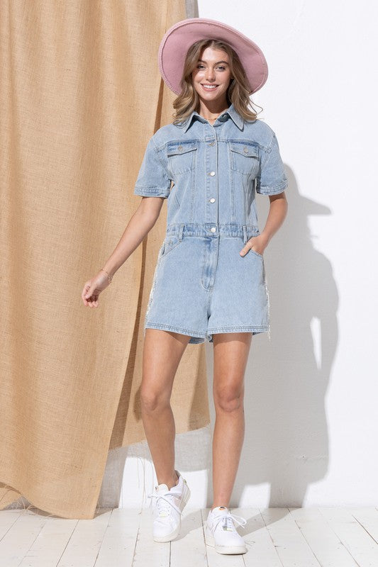 WASHED DENIM OVERALL ROMPER - Evolve Elegance Boutique