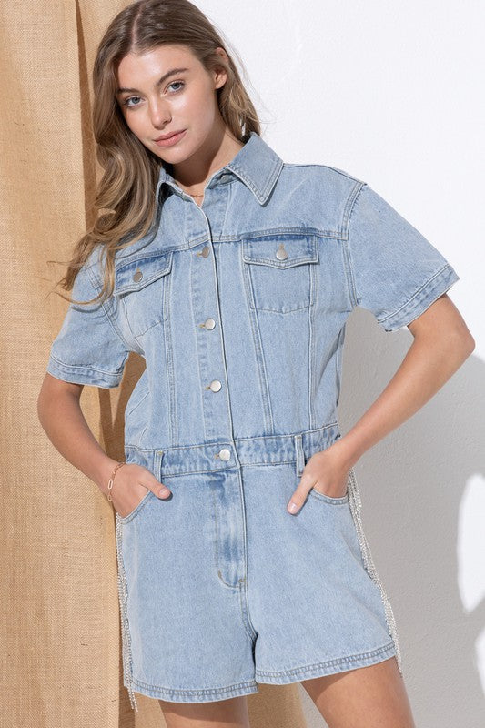 WASHED DENIM OVERALL ROMPER - Evolve Elegance Boutique