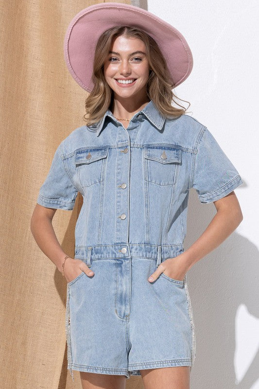 WASHED DENIM OVERALL ROMPER - Evolve Elegance Boutique