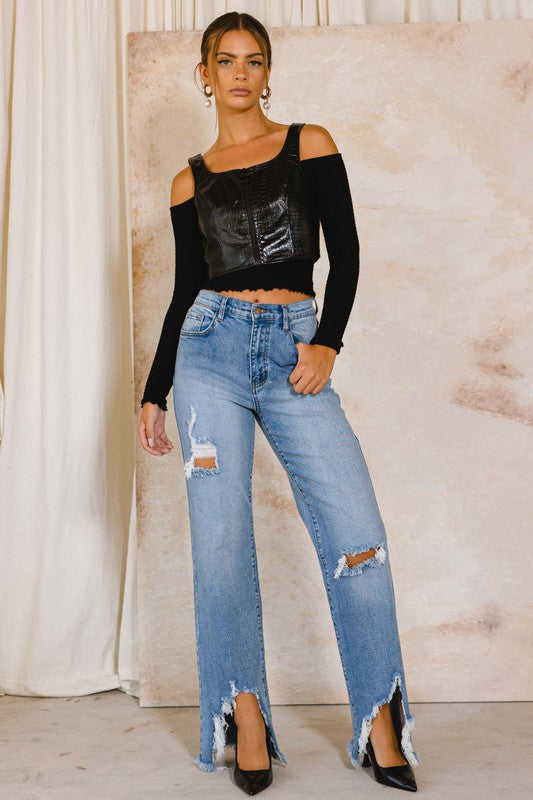 HIGH RISE DISTRESSED WIDE JEANS - Evolve Elegance Boutique