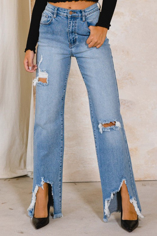 HIGH RISE DISTRESSED WIDE JEANS - Evolve Elegance Boutique